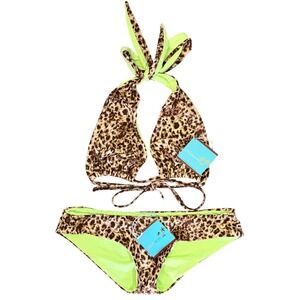 Letarte Maui Hawaii Leopard Neon Green Underwire‎ Halter Bikini Set XS S NEW